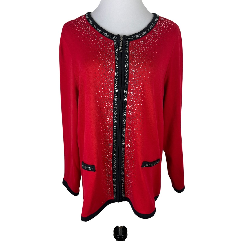 CD Daniels Red Rhinestone Embellished Zip Front Cardigan Sweater Women's 1X